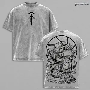 Fullmetal Alchemist Brotherhood Oversized Washed Graphic Tee – Vintage Heavy Cotton T-Shirt, Classic Anime Streetwear Top, Perfect for Manga Lovers & Dark Fantasy Fans HA0 VEM
