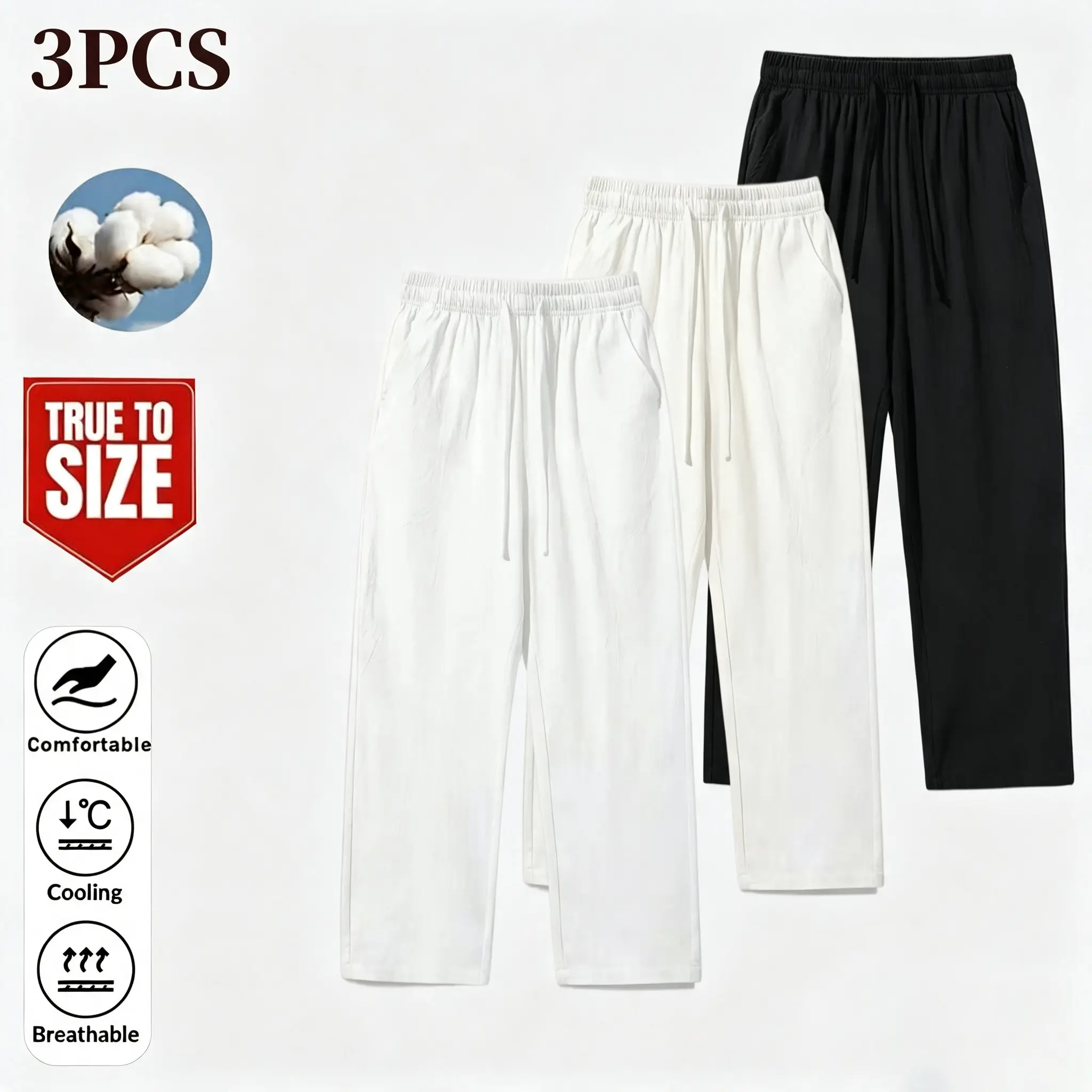 3pcs Men's Linen Woven Jogger Pants, Breathable and Lightweight Casual Joggers, Solid Color Breathable Fabric with Drawstring Design, Suitable for Summer Daily Wear and Outdoor Sports