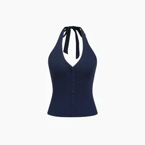 Cider Knit Halter Neckline Rib Button Crop Top