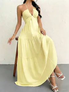 Solid Color Halter Long Dress, Deep V Neck Backless Layered Flowy Maxi Dress, Summer Beach Vacation Style, Casual Slim-Fit Long Dress, Elegance Chic Womenswear