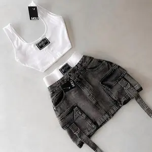 Matching sets women 2 peice new fashion straps casual multiple pockets denim skirt sets goth womens versatile strap streetwear womenswear clothes button jeans seamless comfort suits fitted sleeveless Gamis
