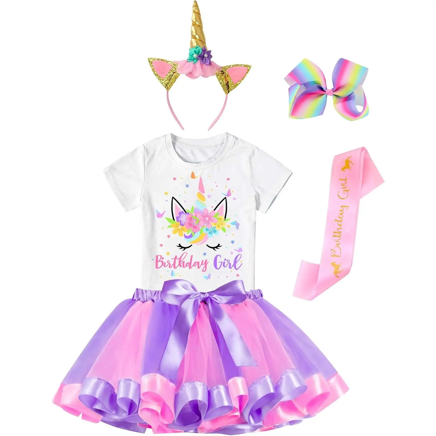 Unicorn Birthday Tutu Dress, 5-Piece Rainbow Outfit with Lined Skirt, Headband, Sash & Hair Bow, Party Costume, Unicorn Costume, Costume Use