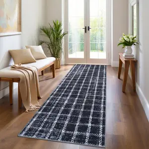 2x6 Runner Rug Washable Non Slip Kitchen Rugs Geometric Checkered Print ， Modern Throw Carpet for Home Office, Blue