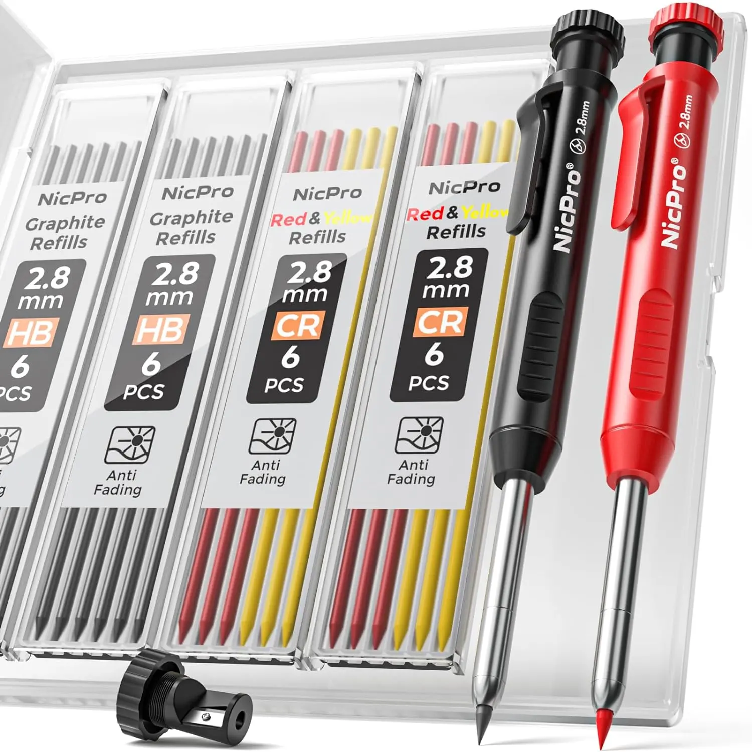 Mechanical Carpenter Pencil 2 Pcs Set - Built-in Sharpener, 26 Refills, Storage Case, Deep Hole Marking Tool, Heavy Duty Office Stationery for Construction Professionals (Black, Red)