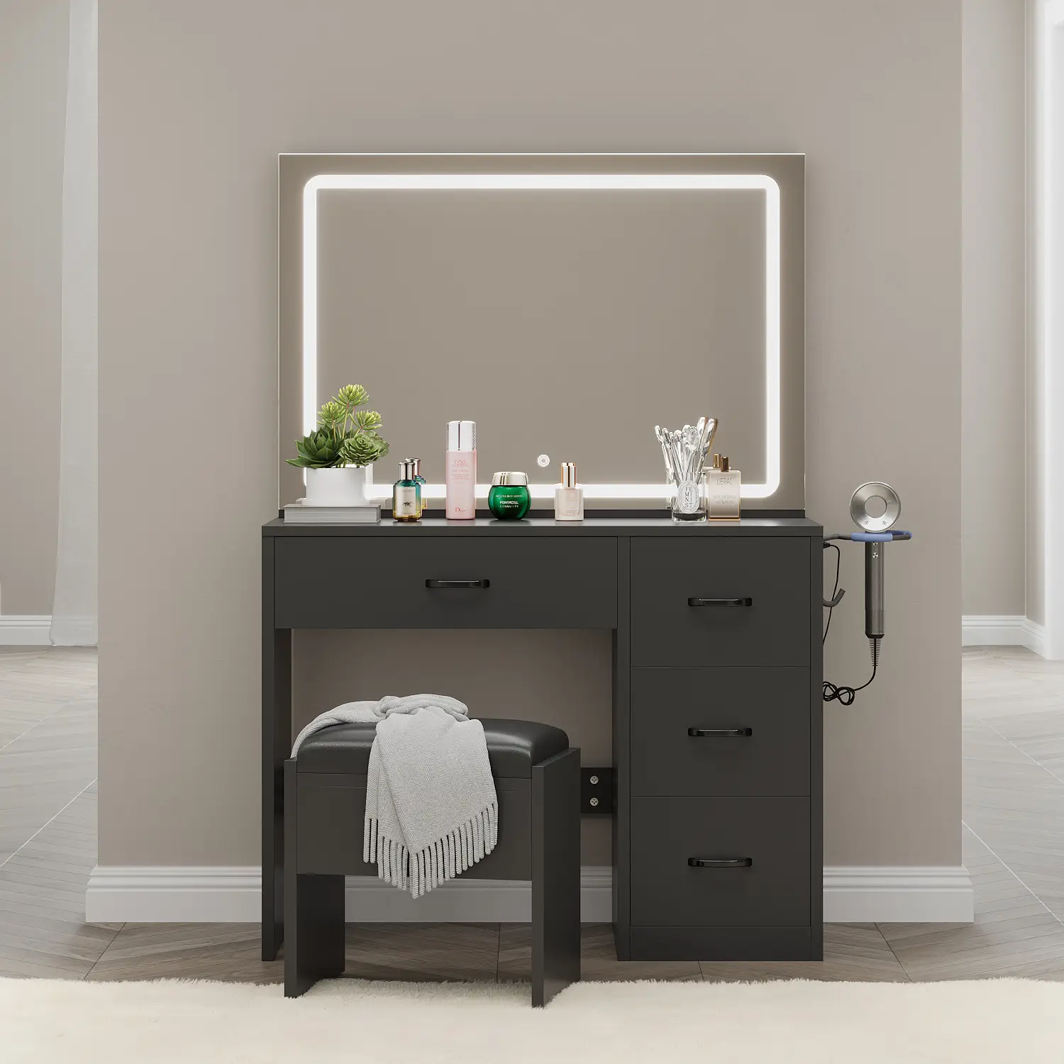 Yitahome Makeup Vanity Desk with Lighted Mirror Power Outlet and LED Strip, 3 Color Lighting Modes with Adjustable Brightness, 4 Drawer Vanity Table w