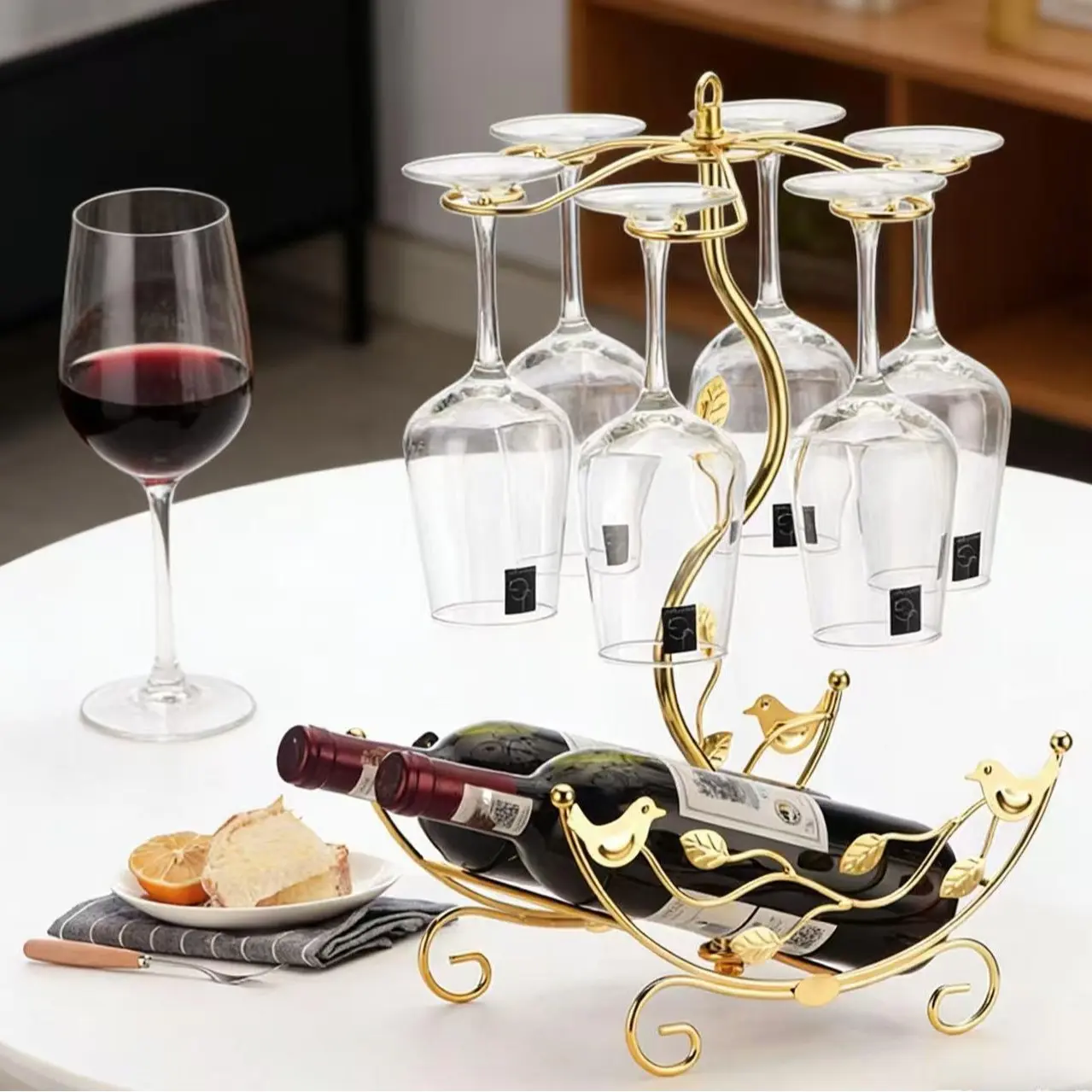 Wine Rack with Glass Holder-Hold 2 Wine Bottles and 6 Glasses