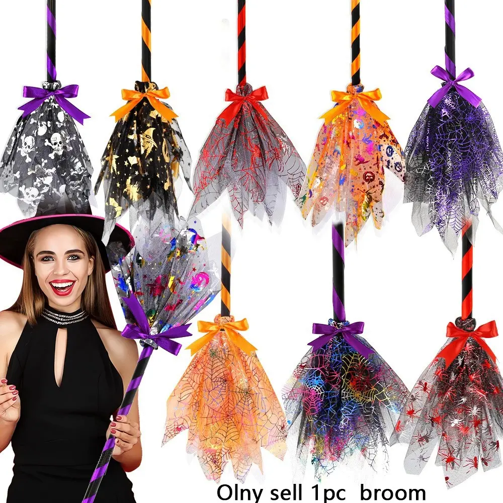 Halloween Witch Broom, Ghost Festival Party Decorations, Mesh Magic Broom Ornament, 1pc Halloween Prop, Spooky Theme Decoration