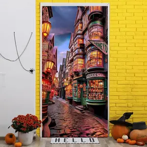 Diagon Alley Door Backdrop, 2D Simulation Magic Commercial Street Night Background, Washable Reusable Backdrop for Home Living Room Bedroom Door Decor, Banners