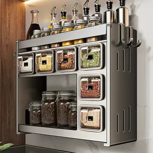 Bepatio Spice Rack Set, Space Saving 1pc Easy-Install Carbon Steel Spice Rack Set, Includes Seasoning Containers & Cans for Kitchen Organization, Spice Racks for Kitchen No Drill Needed