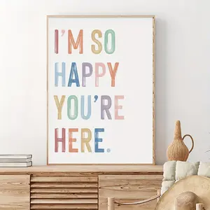 1PC Vintage Cartoon Style Wall Art Decor - "I'm So Happy You're Here" Oil Painting Print Poster on Canvas for Home, Office, Study, Living Room, Corridor, Bedroom - Matte Finish, Oblong Shape, Reusable, Pre-Pasted, Detachable - For Home Decor Enthusiasts