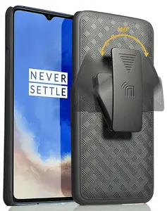 Case with Clip for Oneplus 7T, Nakedcellphone [Black Tread] Kickstand Cover with [Rotating/Ratchet] Belt Hip Holster Holder Combo for T-Mobile Oneplus 7T