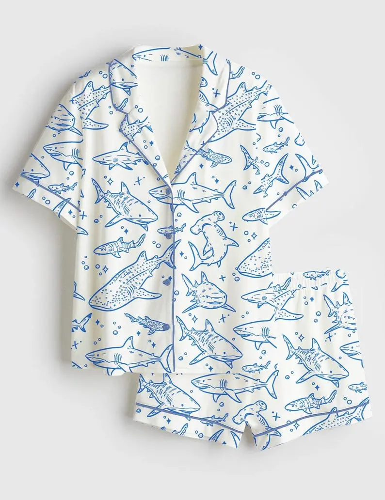 Women’s Shark Print Pajama Set Ocean Theme Short Sleeve Sleepwear Lounge Set