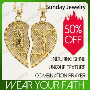 Sunday Jewelry Virgin Mary Heart Necklace 14K Gold Plated Double Chain Combination Prayer Pendant for Women & Men TE AMO Inscribed Couple Necklace Religious Symbolism Elegant Dual Heart Design 55&60cm Chain Length