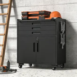 29.5"L*16.5"W*34.4"H Rectangular Powder‑Coated Cold‑Rolled Steel Rolling Tool Cabinet, Lockable Mobile Garage Workshop Workbench with Drawers Pegboard Anti‑Tip Device 2 Lockable Doors