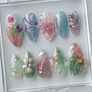 Spring Garden Press On Nails | Pearl beads and Butterfly Nail Art | press on nails almond | flower nails | Nail Charms |Press Ons