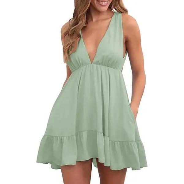 green emerald velvet dress Women's Flowy Chiffon Dresses Summer Smocked V Neck Flutter Short Sleeve  Ruffle Casual Mini Dress