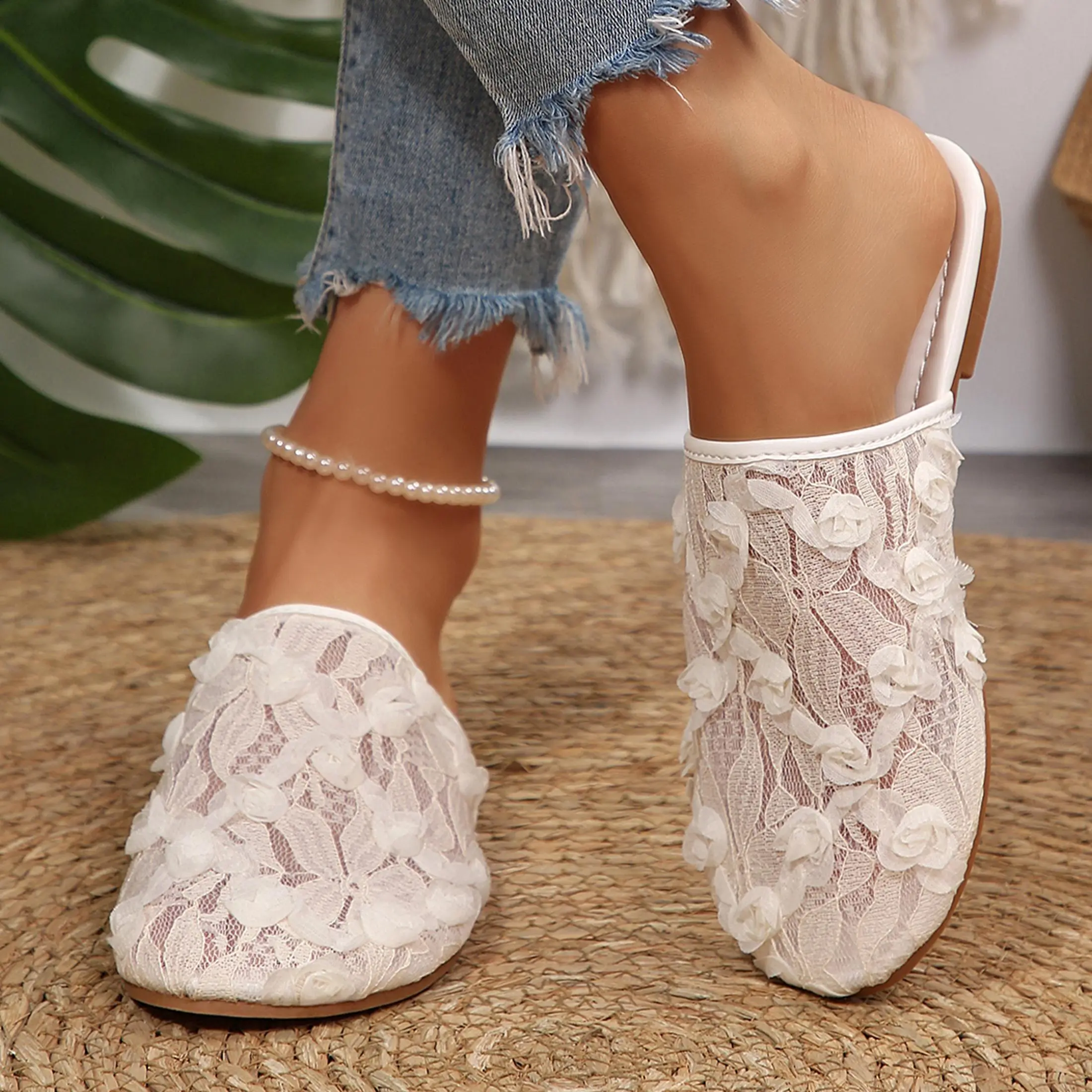 Women's Slippers Comfortable Floral Lace Flat Mules Backless Slip On Shoes for Beach