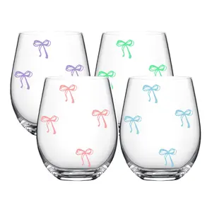 Bow Pattern Stemless Wine Glasses Set, Wine Glass Print, 1/4-Pack, 18oz/540ML Transparent Wine Cups, Ideal for Restaurants & Daily Use