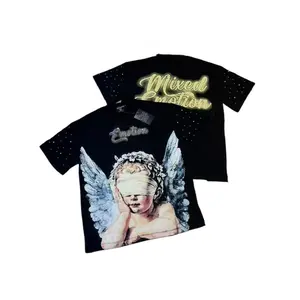 Mixed Emotion American Mask Angel Print Hot Drill Beaded Tee | Loose Short Sleeve | Couple Matching Unisex Streetwear | Y2K Vintage Fashion | Summer Trend | Fathers Day & Memorial Day Outfits | TikTok Shop Deals Slim Shape Men's Moisture Wicking T-Shirt