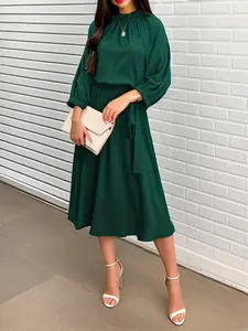 Women's Solid Belted Mock Neck Dress, Elegant Chic Drop Shoulder A Line Dress for Spring & Fall, Women's Clothes for Daily Outdoor Office Wear