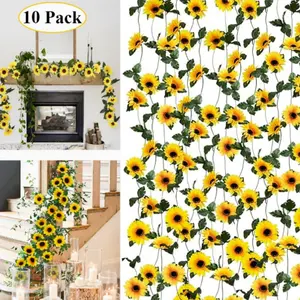 10 Pack Large Silk Sunflower Garland - 7.55ft Realistic Artificial Flower Vines with 3.1" Blooms, Lifelike Hanging Wall/Table/Party Decor for Wedding, Birthday, Christmas, / - No Maintenance Fake Flowers (Green Leaves & Yellow Petals), eternal boxes