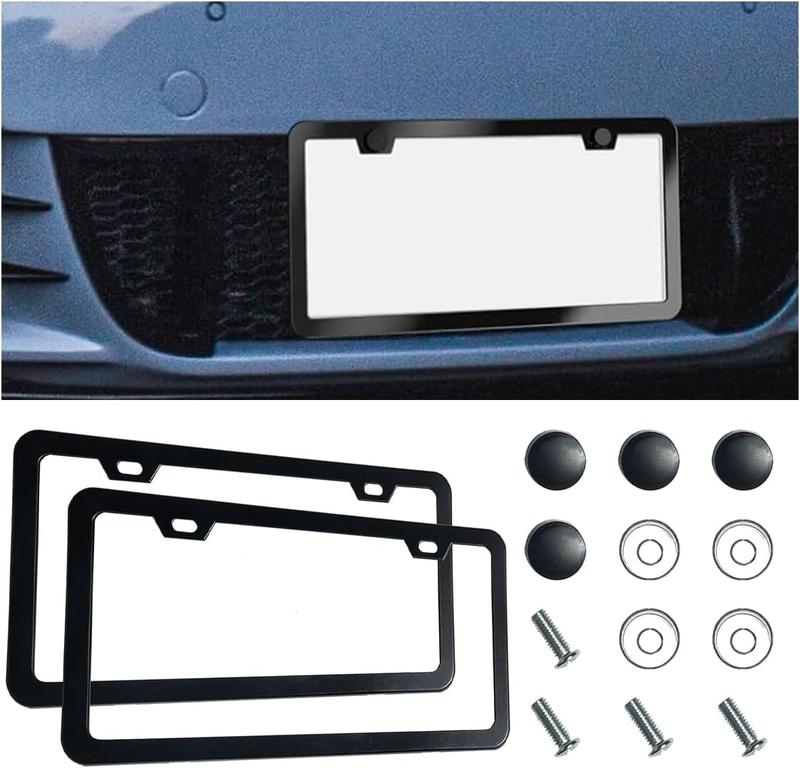2PCS License Plate Frames, Black Matte 2 Holes License Plate Holder, Stainless Steel Car License Plate Cover with Screws