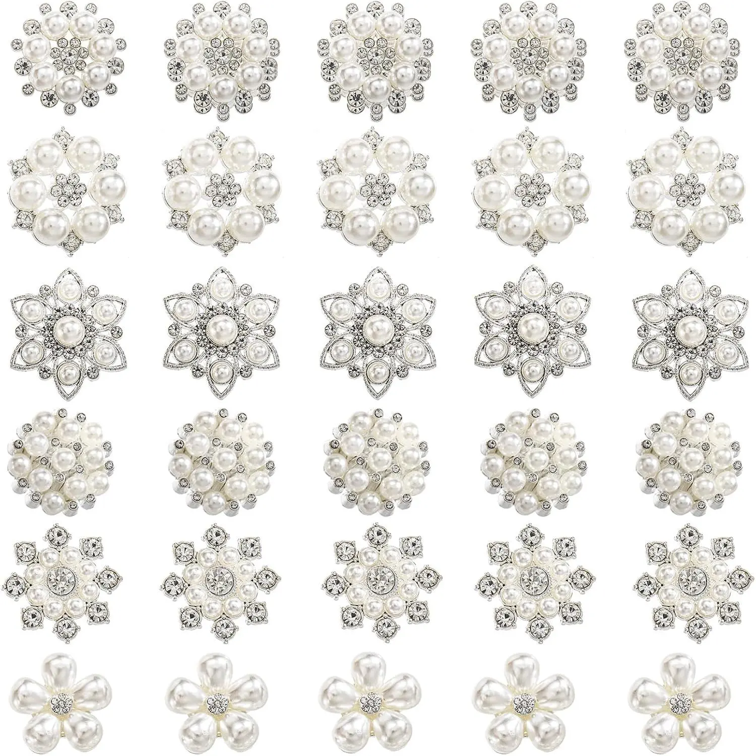 30 Pack  Rhinestone Buttons, 6 Styles Embellishments Button Faux  Button, Flat  Flower  Buttons for DIY Craft  Making Wedding Bridal Bouquet Party Home Decoration