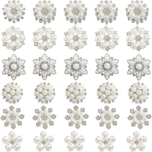 30 Pack  Rhinestone Buttons, 6 Styles Embellishments Button Faux  Button, Flat  Flower  Buttons for DIY Craft  Making Wedding Bridal Bouquet Party Home Decoration
