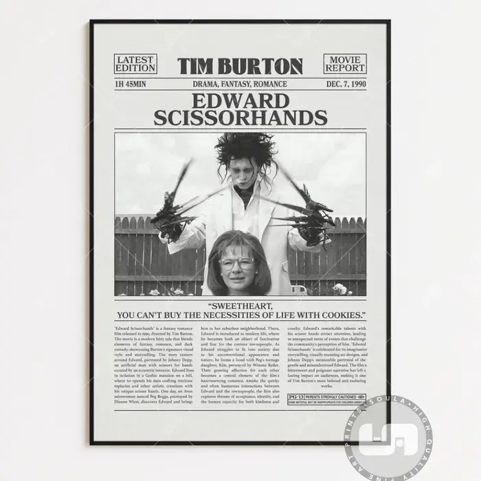 Edward Scissorhands Movie Poster, Tim Burton Vintage Retro Wall Art, Black White Newspaper Style Print, Dark Aesthetic Decor