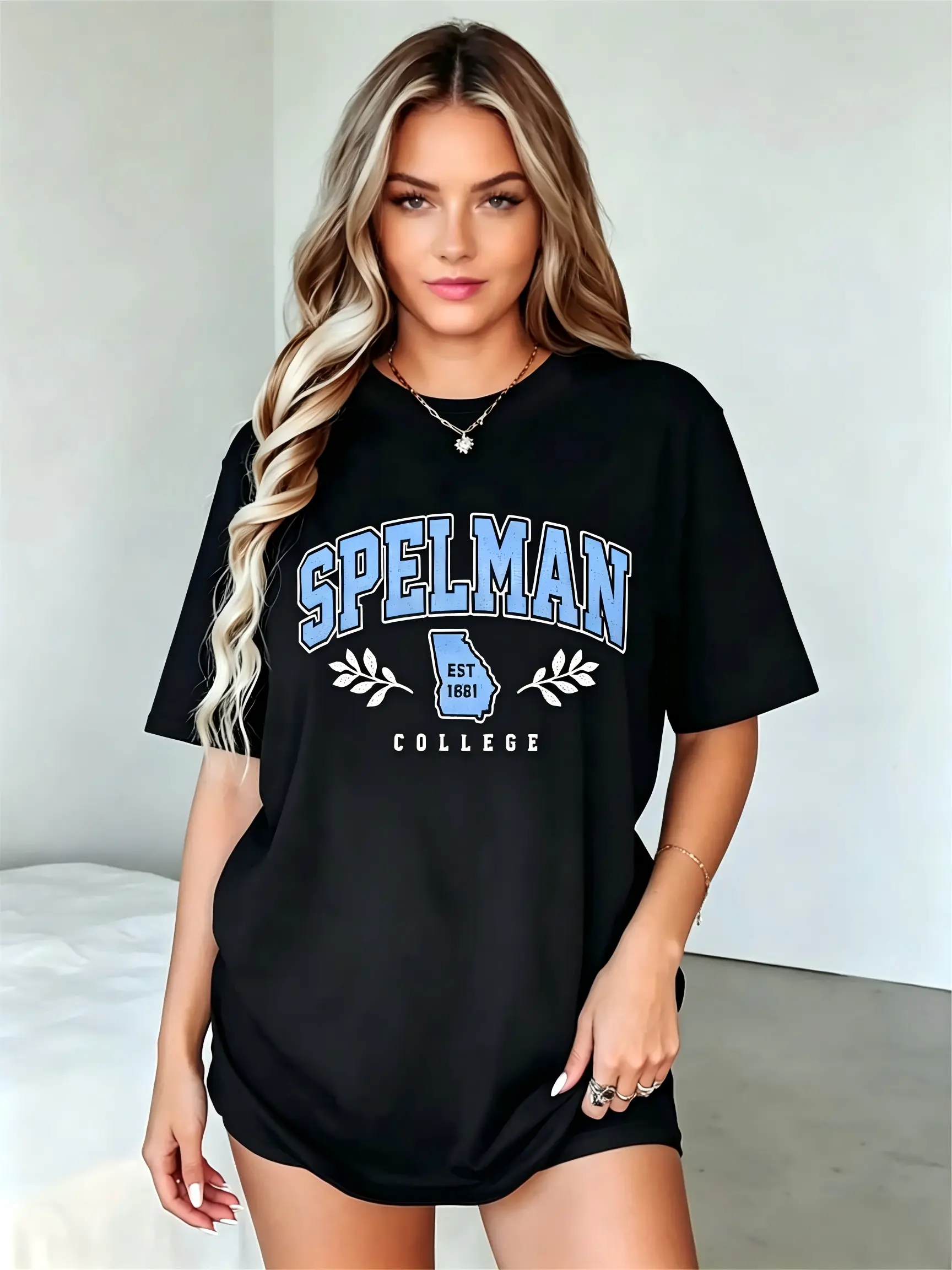 Women's Short-Sleeve Crew Neck Vintage Spelman College Est 1881 Georgia Map Olive Branch Graphic T-Shirt - 100% Cotton HBCU Alumni Comfortable Relaxed Fit Breathable Fabric Lightweight Casual Daily Top