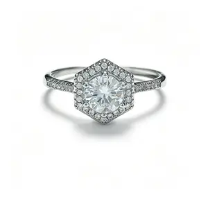 SKU J-005 - Hexagonal Halo Moissanite Ring, 0.8 ct, D Color, VVS1 Sparkle, Moissanite Gemstone, Diamond-Like, Halo Setting, Moissanite Gemstone Rings, Hexagonal Rings