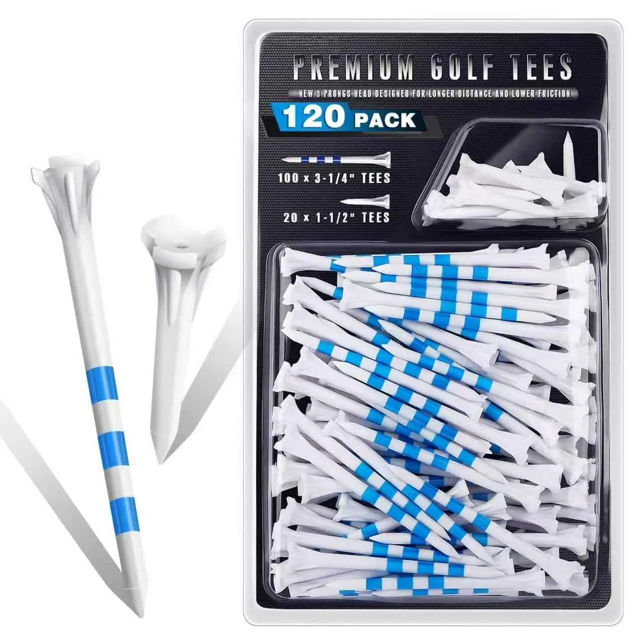Premium 3-Prong Plastic Golf Tees, 3-1/4" (100 or 120 Pack) - 40% Reduced Ball Contact, High Stability, Long Distance Performance