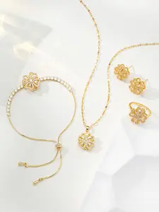 4 Pcs Sparkly Gold Jewelry Set | Dainty Spinning Clover Design | Fidget Anxiety Relief | Necklace Earrings Ring Tennis Bracelet Elegant Set