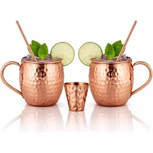 Moscow Mule Copper Mugs - Set of 2,  HANDCRAFTED -  Safe Pure Copper Solid Mugs - 16 oz  Set with   Straws  Shot Glass!