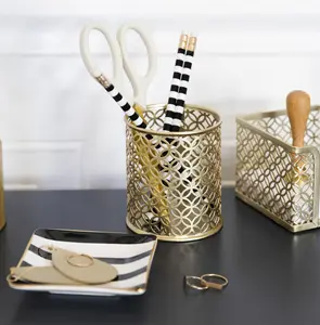 BLU MONACO Gold Pen Cup - Metal Pencil Cup - Gold Desktop Pencil Holder - Desk Pen Holder - 3.5" x 4"