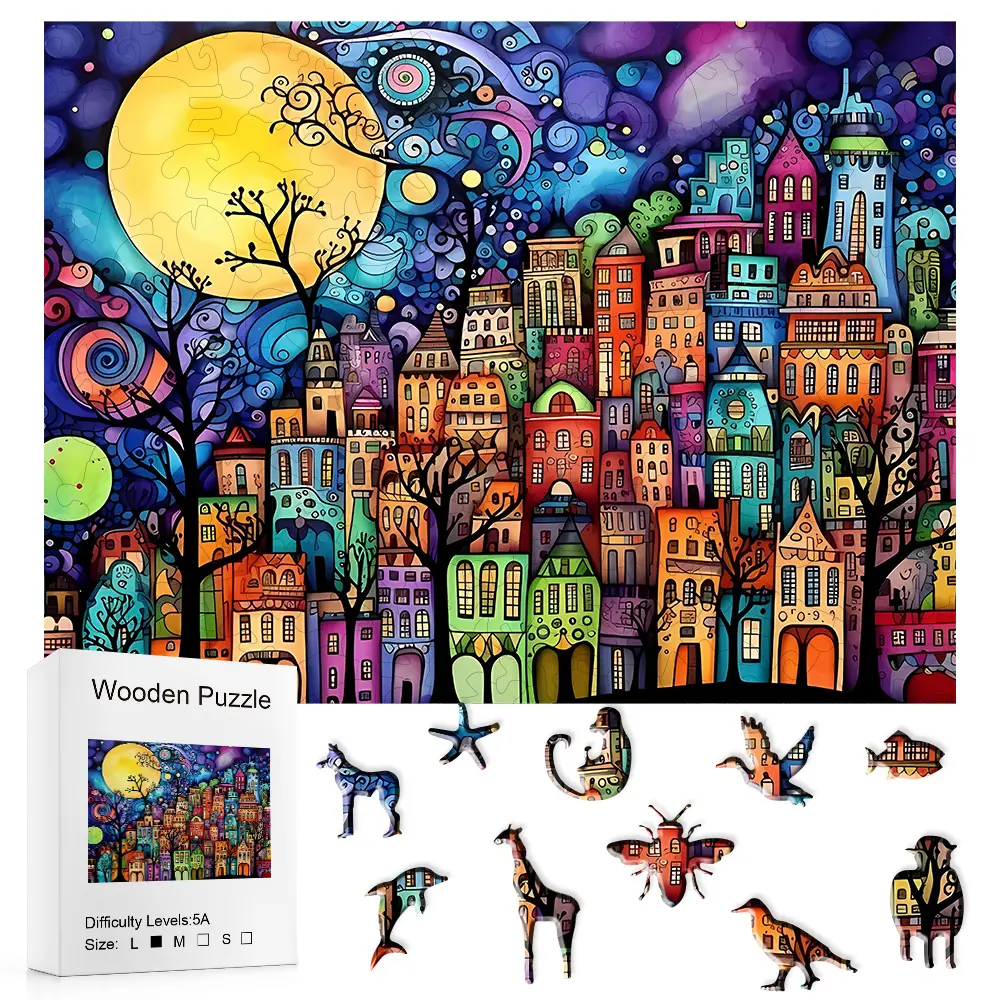 Factory Outlet Wooden Jigsaw Puzzle - Doodle-Style 3D DIY Art Craft, High-Quality Picture Book-Style Colorful Kids’ Puzzle Art Gift