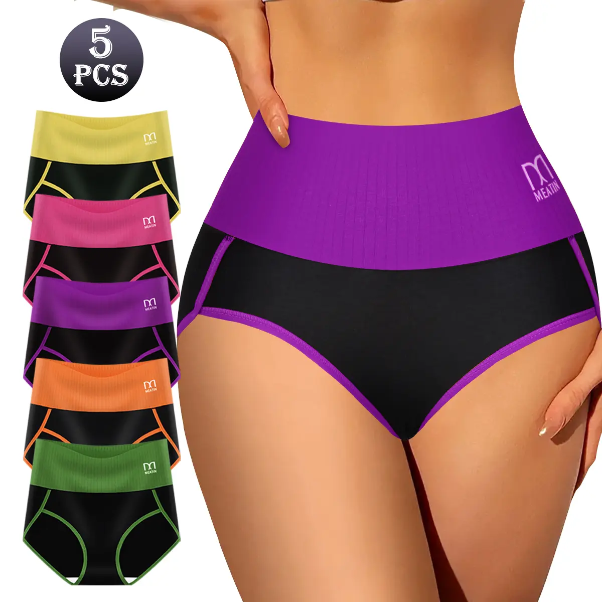 QUASTI Women's 5PCS High Waist Basic Bikini Briefs, Color-Block Design Full Coverage Panties, Elastic Soft Breathable Fabric, Comfy for Daily Wear & Sports Lightweight Womenswear