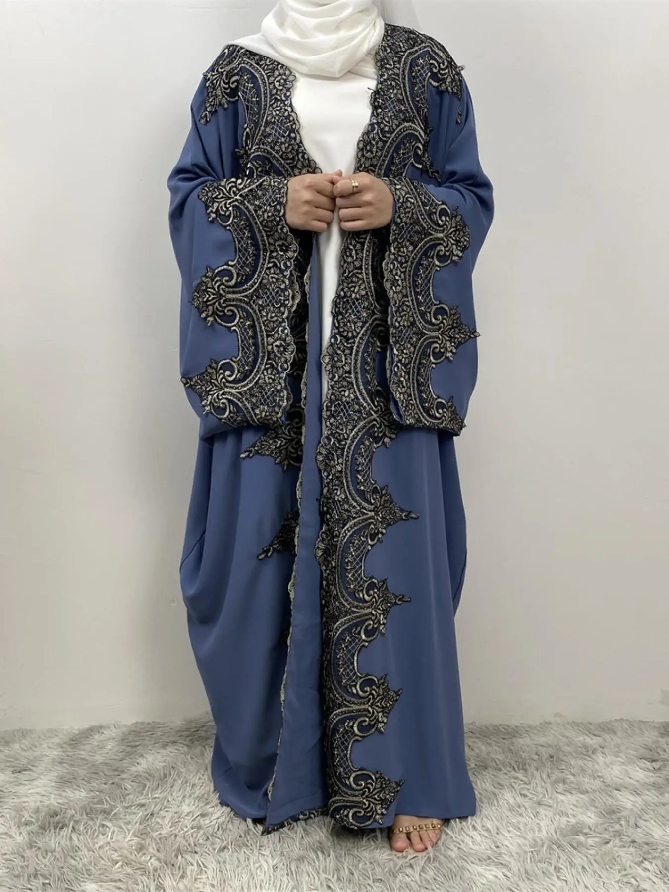 Women's Embroidery Open Front Abaya, Modest Casual Long Sleeve Abaya for Daily Wear, Women's Islamic Clothing for Spring & Fall