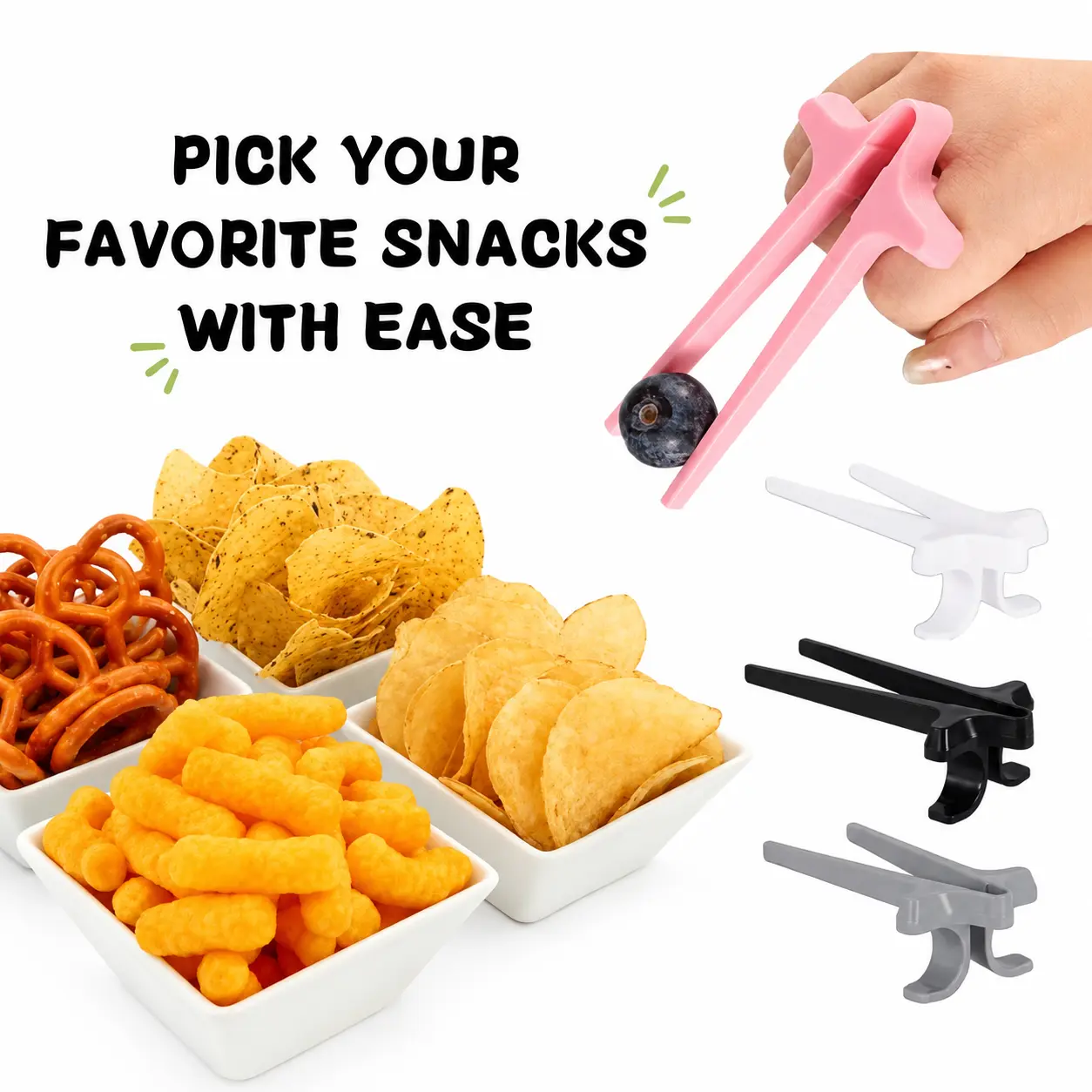4 PCS Gamer Finger Chopsticks, Reusable Gaming Snack Tongs, Hands-Free Snack Picker for Chips, Fries, Popcorn & Candy