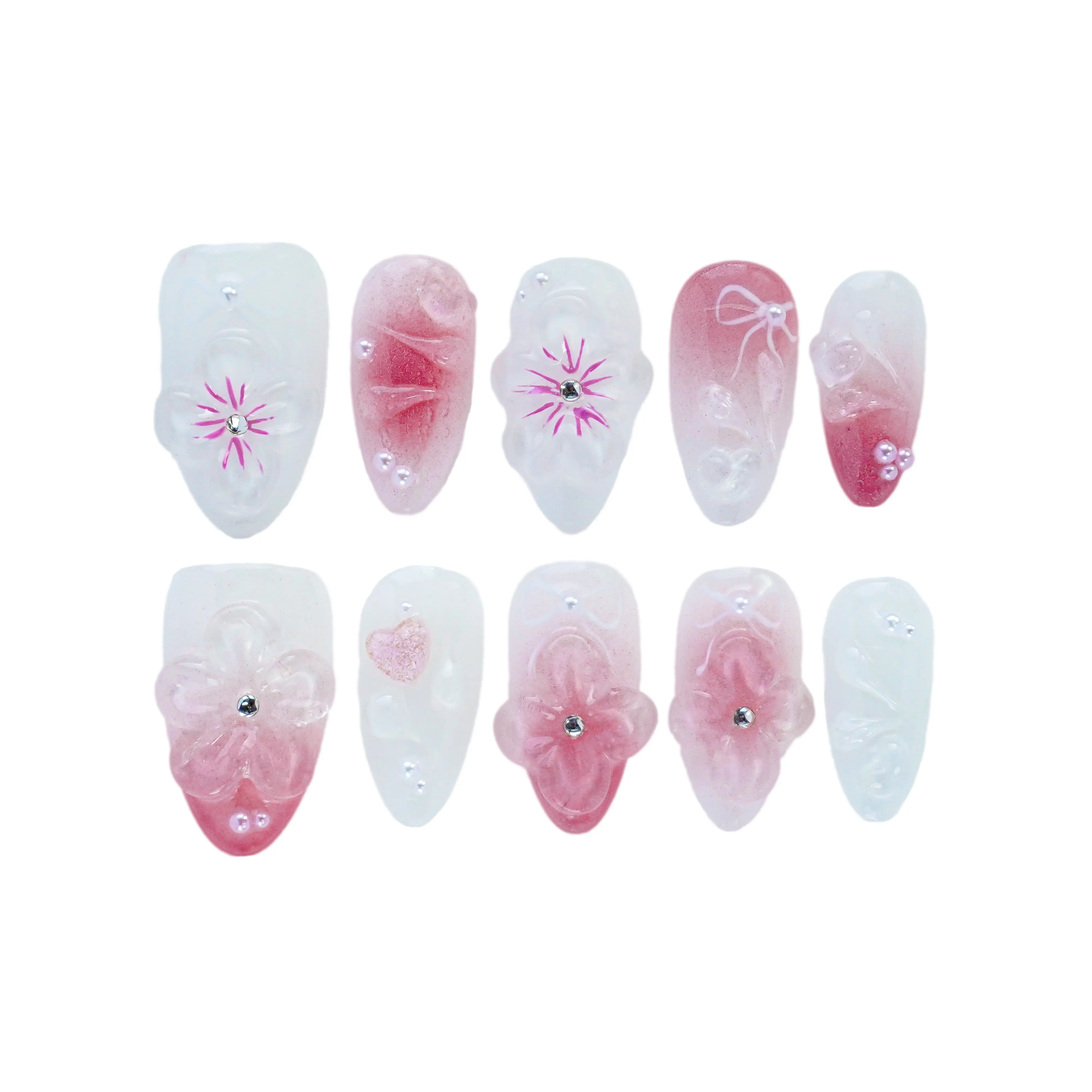 10PCS 3D Almond Collections  Reusable Handmade Press-On Nails – Acrylic REUSABLE 3D Gel Summer 2025/Prom