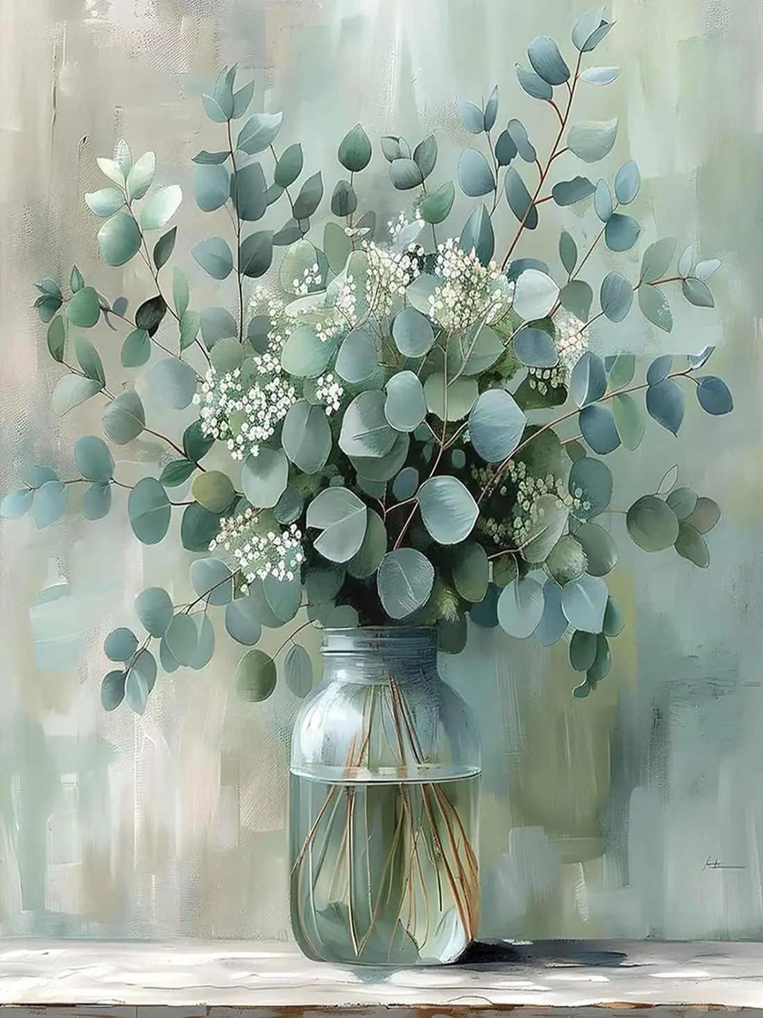 5D Full Drill Diamond Painting, Eucalyptus Bouquet in Glass Jar, Soft Sage Green Floral Still Life DIY Wall Art