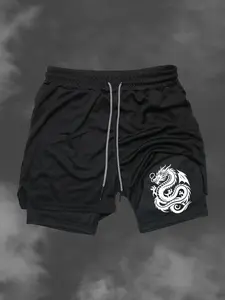 Men's Dragon Print Two-in-one Gym Shorts, Regular Fit Casual Comfy Breathable Quick Drying Shorts for Gym Workout Running, Men's Sport & Outdoor Clothing for Summer, Stretch Shorts
