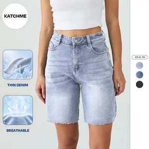 KatchMe Women's Vintage Mid-Rise Tassel Hem Baggy Denim Bermuda Shorts, Simple Style Flexible Stretch Womenswear, Casual Durable Daily Jeans, Wrinkle-Resistant Bottom
