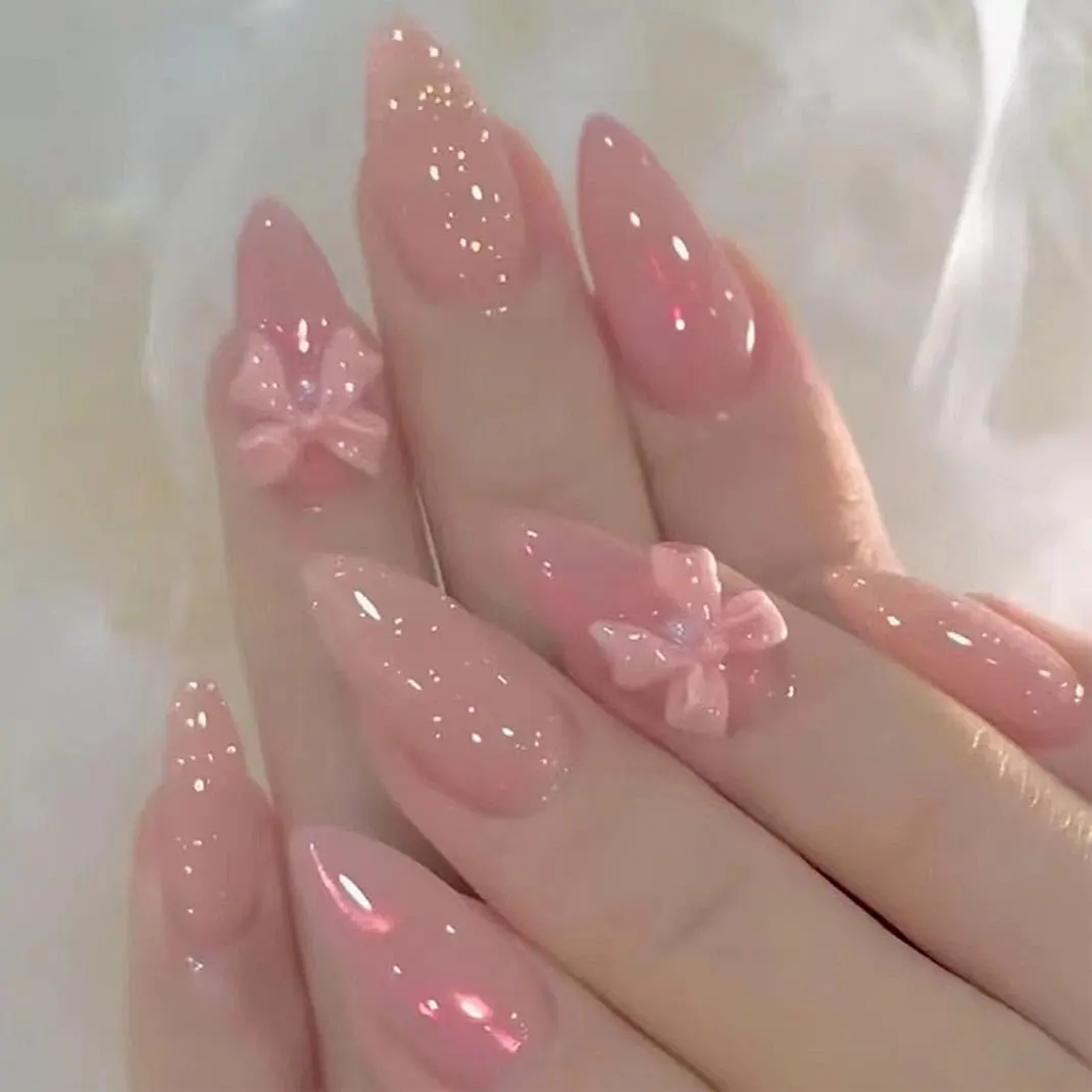 Almond Press on Nails - Medium French Tips Pink Glossy Full Cover Nails for Women - 30 Pcs/Set (Pink Bow Nails) Enppode