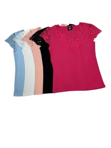 Women's pullover, short sleeves with imitation lace, elastic, in various colors.