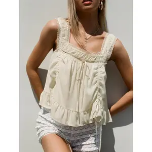 Romantic Delicate Lace Trim Sleeveless Shirts Loose Ruffled Drawstring Design Relaxed All Match Daily Wear