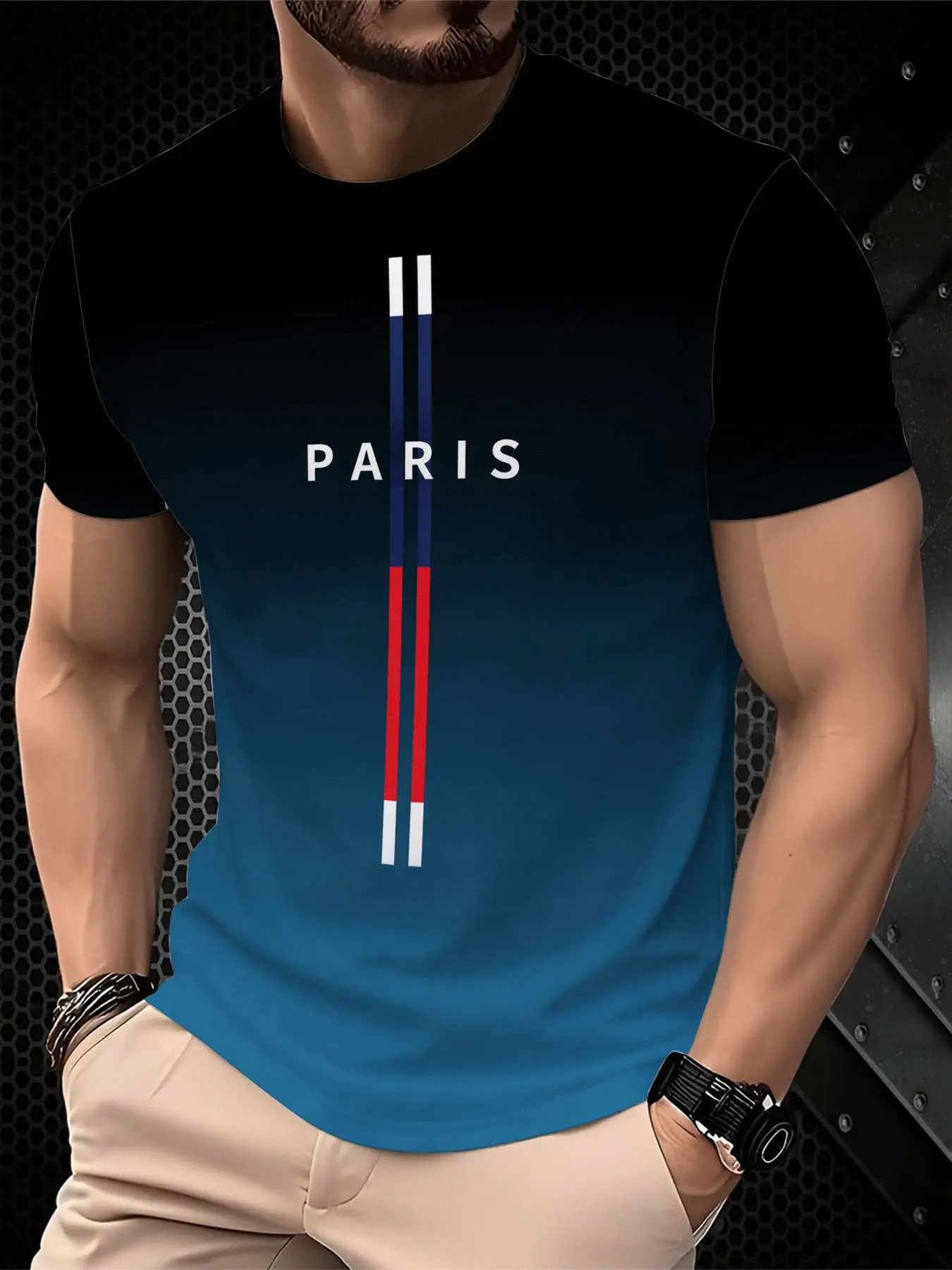 Black and blue gradient PARIS letter print short-sleeved T-shirt, Slim Fit, trendy and casual style, Streetwear