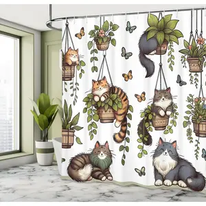 Cat Shower Curtain, Happy Smiling Kitties on Hanging Pots Botanical Design Illustration, Waterproof Fabric Bathroom Decor Curtain with Hooks, Printed Shower Curtain Cute