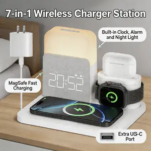 Foldable 6-in-1 Fast Wireless Charger Trio with Wireless Induction Bluetooth Speaker Stand & Alarm Clock. Magnetic Dock for iPhone 12-15, Apple Watch, AirPods, Samsung. 3-Level Dimmable Night Light, Portable Desk Organizer for Bedroom, Office & Travel.