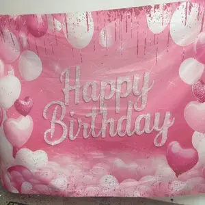Pink birthday balloon background banner，birthday photo prop,made of polyester material,suitable for living rooms,bedrooms,offices, birthdays, anniversaries, home decoration, outdoor and indoor parties, photography background cloth, birthday party supplies